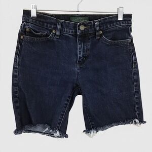 LRL‎ Lauren Jeans Co Ralph Lauren Dark Wash Denim Bermuda Shorts Raw Hem Blue 4